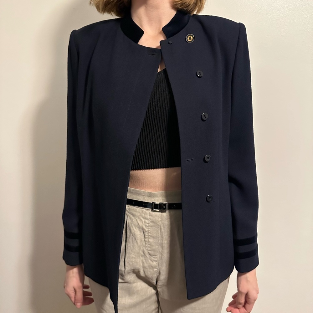 Kasper A.S.L. Navy Blue Suit Jacket Blazer with Velvet Details Size 6​
